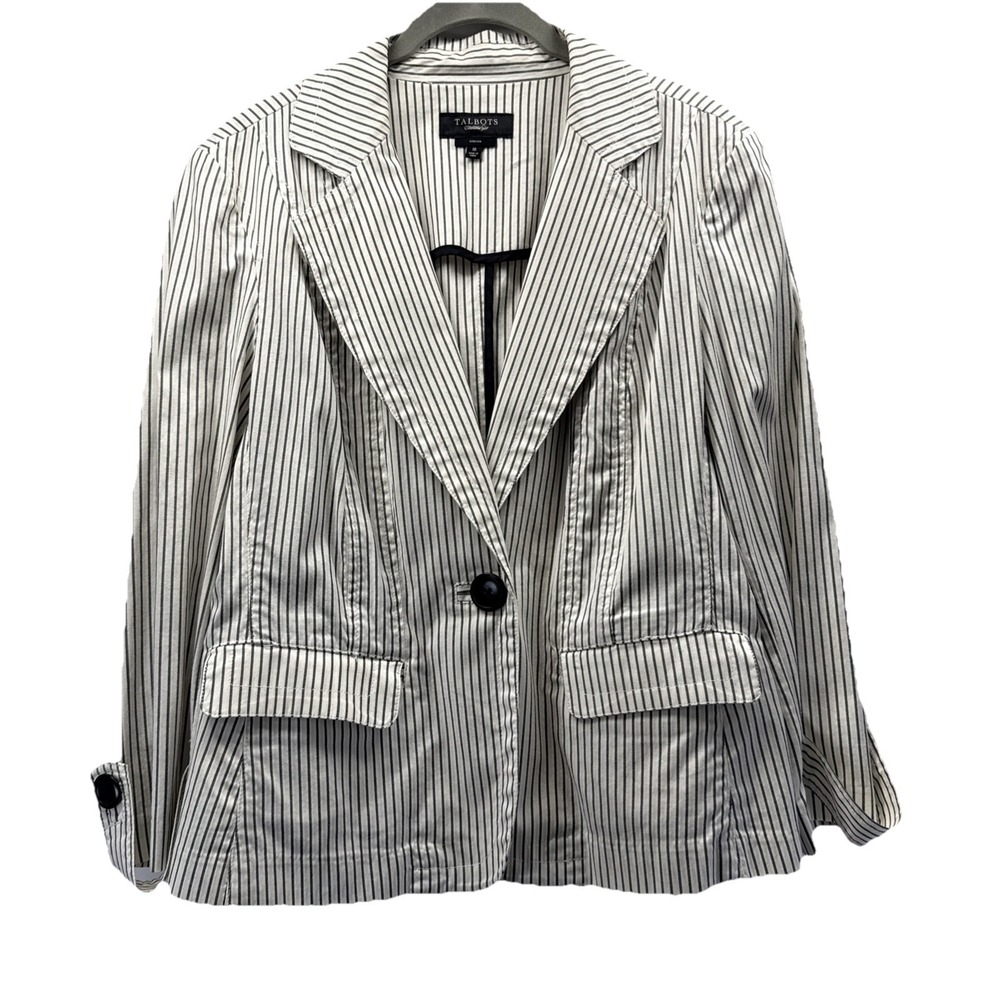 Talbots Women's Blazer Jacket Size 16 Black White Stretch One Button 3/4 Sleeves